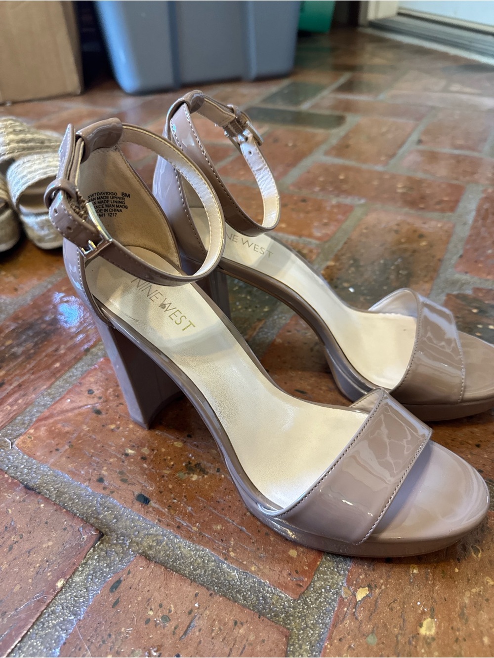 Nine West Taupe Patent Ankle Strap Block Heels wore once